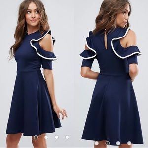 NWT ASOS Club London Navy Blue Cold Shoulder Frilled Fit and Flare Party Dress